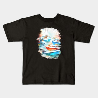 Fishing Boat Port Landscape Scenery Nature Watercolor Art Painting Kids T-Shirt